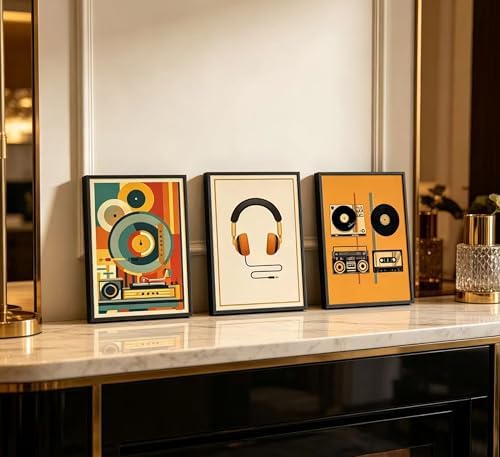 3Pcs Vintage Music Canvas Wall Art MidCentury Modern Vinyl Turntable Painting - Image 5