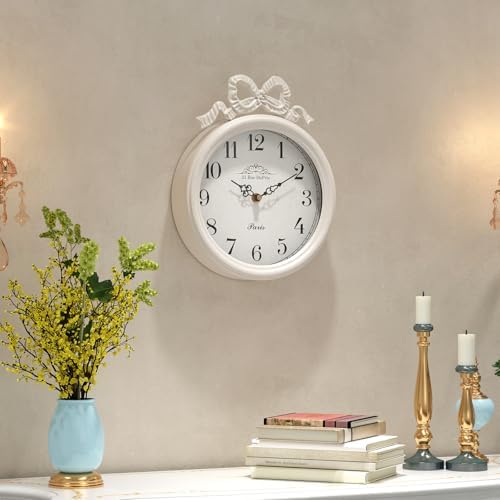 French Small Wall Clock with Bow, Vintage Ivory White Boho Style - Image 4