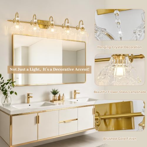 Vintage Bathroom Vanity Light, 5-Light Brushed Gold Finish Wall Sconce - Image 4