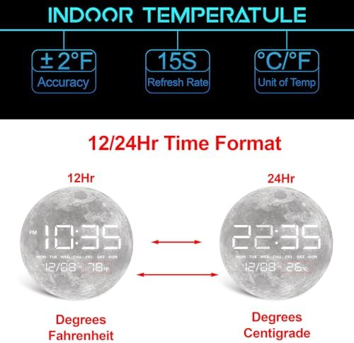 Digital Desk & Shelf Clock, LED Moon/Earth Design, Temperature Display - Image 5
