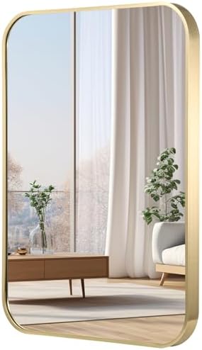 30x36 Inch Gold Bathroom Mirror, Brushed Brass Gold Metal Framed Rectangular by JENBELY