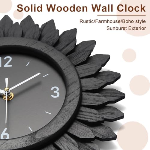 Honiway Wall Clock Battery Operated 12 Inch Rustic Wooden Boho Sunburst - Image 4