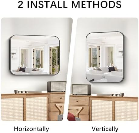 Bathroom Mirror, 30 x 24 inch Metal Framed Black Rectangle Mirror, Rounded - Image 4