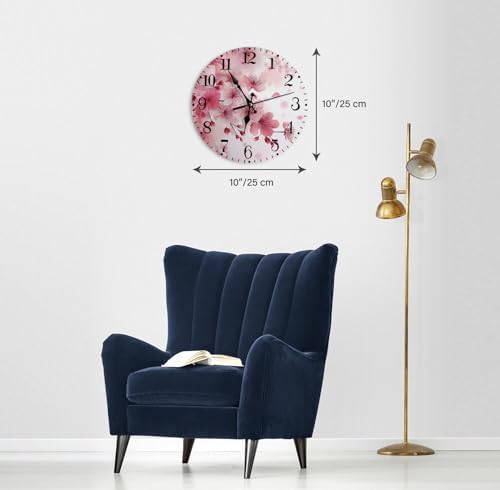 Wall Clock, Watercolor Pink Cherry Blossoms Silent Non Ticking Clock, Modern - Image 4