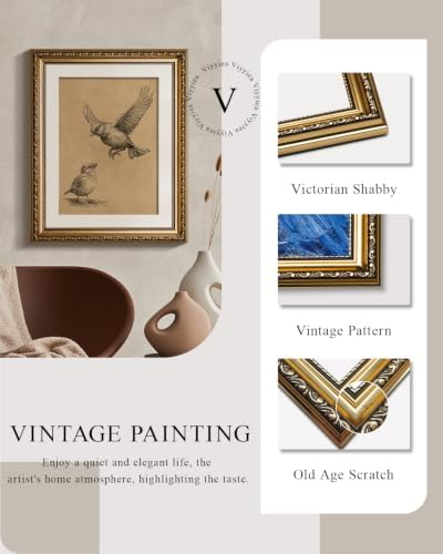 VIYYIEA Vintage Gold Framed Bird Sketch Wall Art - Image 2