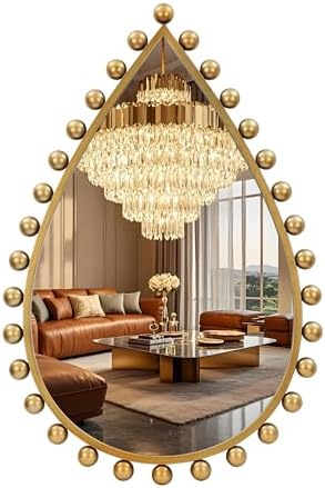 24x36 inch Teardrop Wall Mirror, Antique Gold Beaded Ball Frame by CavinHome