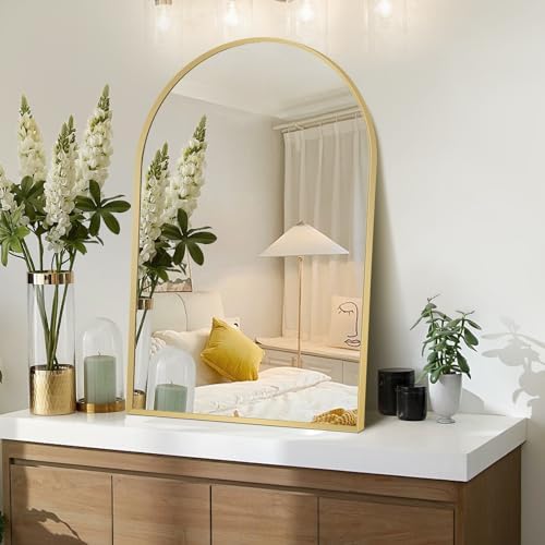 Gold Arched Mirror 28x36in, Metal Framed Bathroom Vanity Wall by Minuover