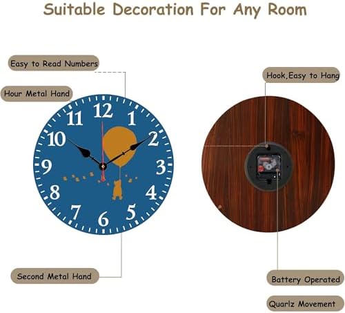 12" Wooden Animal Wall Clock, Silent Non-Ticking Battery Operated - Image 3