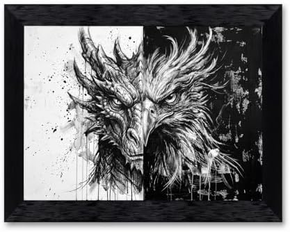 Framed Canvas Wall Art Abstract Ink Dragon and Phoenix Monochrome High-Contrast by Unknown