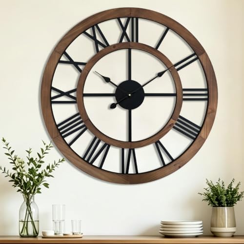 30 Inch Oversized Rustic Wall Clock Silent Non-Ticking Wooden Wall Clocks by BlueprintIvy
