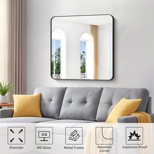 Black Bathroom Mirrors for Wall, Rounded Corner Metal Frame Wall Mirror - Image 4