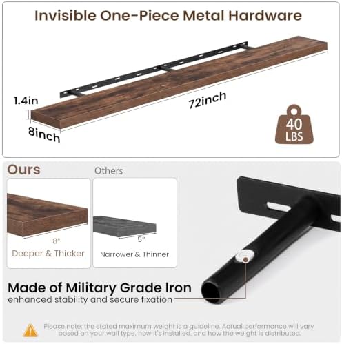 72x8in Floating Shelves 2 Pack, Wall Mount Display Shelf, Rustic Brown - Image 3