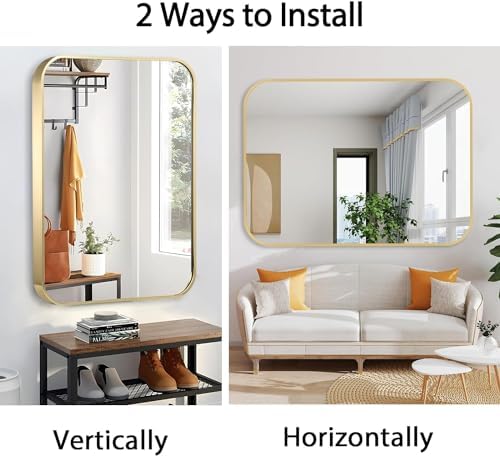 30x36 Inch Gold Bathroom Mirror, Brushed Brass Gold Metal Framed Rectangular - Image 6
