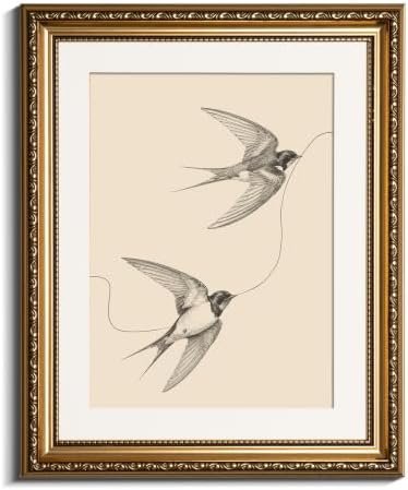 VIYYIEA Vintage Gold Framed Bird Sketch Wall Art by VIYYIEAART