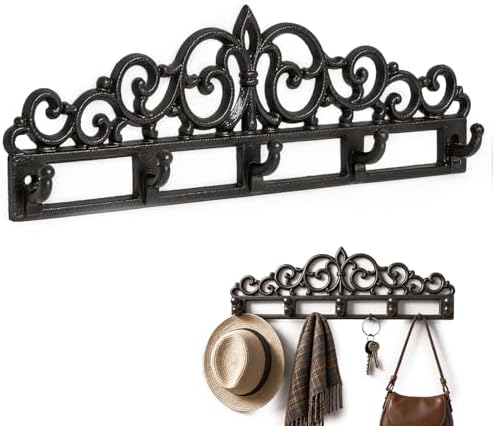 Vintage Floral Cast Iron Wall Hooks, 5 Hooks Heavy Duty Coat Rack Wall Mount by Unknown