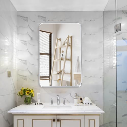 Silver Bathroom Mirror 16x20in, Metal Framed Rounded Rectangle - Image 4