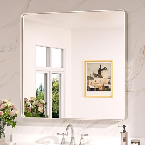 Keonjinn 36 x 36 Inch Brushed Nickel Bathroom Vanity Mirror, Aluminum Frame by Keonjinn