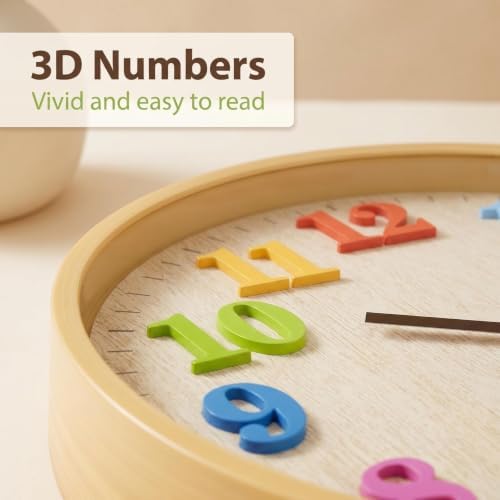 Topkey 12" Wooden Look Wall Clock Silent Non-Ticking 3D Numbers Colorful - Image 2