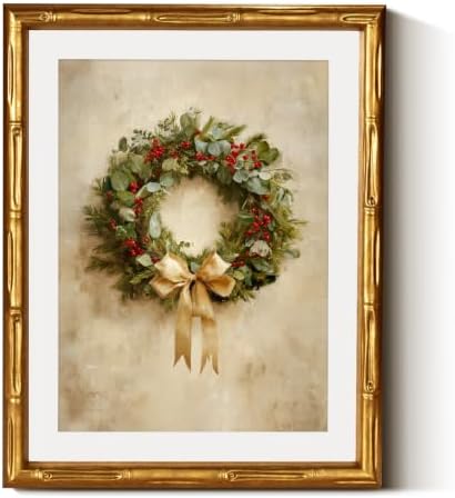 InSimSea Gold Bamboo Framed Christmas Wall Art, Retro Berry Wreath by InSimSeaArt