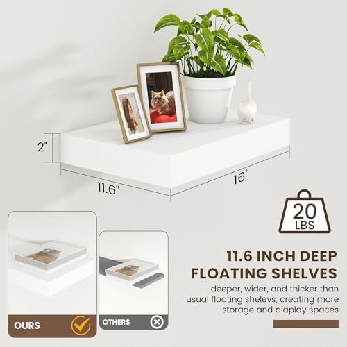 FLYJOE 12 Inch Deep Floating Shelves, 16 Inch White Wall Shelves Set of 2 - Image 3