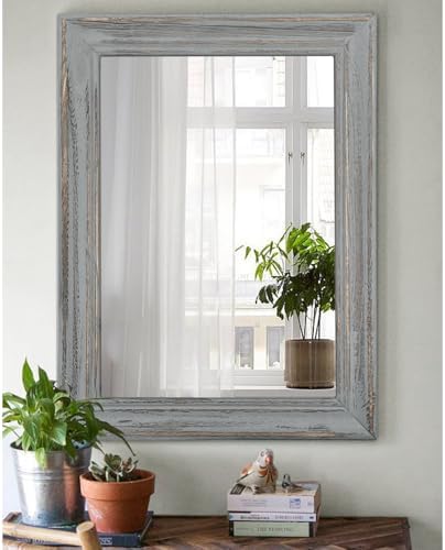 Rectangle Wooden Mirror with Framed Retro Hanging Mirrors Large 26"x18" - Image 3