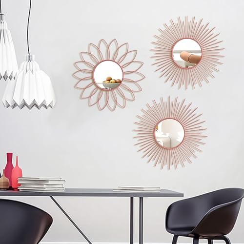 3 Pack Metal Mirrors for Wall Pink Sunburst Wall Mirror Home Decor Wall Art - Image 6