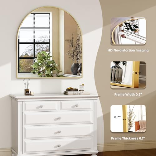 HARRITPURE 26"x28" Arched Bathroom Mirror Wall Mounted Gold Arch Mirror - Image 4