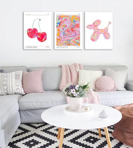 Framed Pink Preppy Wall Art Set of 3 Trendy Cute Balloon Dog Cherry Posters - Image 4