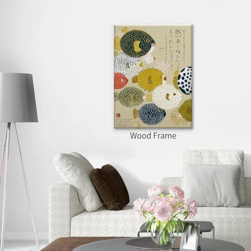 Framed Japanese Canvas Wall Art Vintage Puffer Fish Prints Posters 16x24in - Image 7