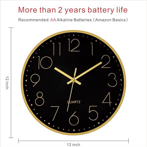 Foxtop 12" Black Gold Wall Clock Silent Battery Operated Modern Metal Clock - Image 2