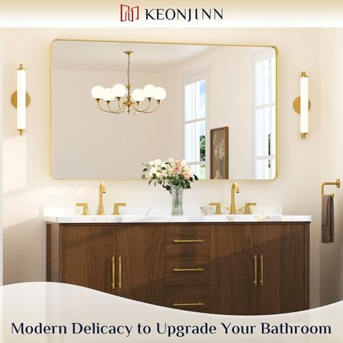 Keonjinn 60 x 36 Inch Brushed Gold Bathroom Vanity Mirror, Tempered Glass - Image 2