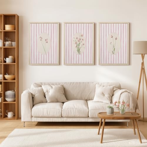 Pink Flower Wall Art Striped Floral Prints Botanical Canvas Wall Decor - Image 5