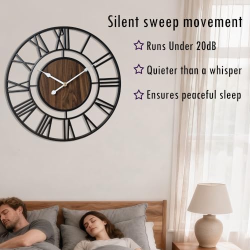 Large Metal Wall Clock, 20 Inch Retro Decorative Silent, Non Ticking, Battery - Image 3