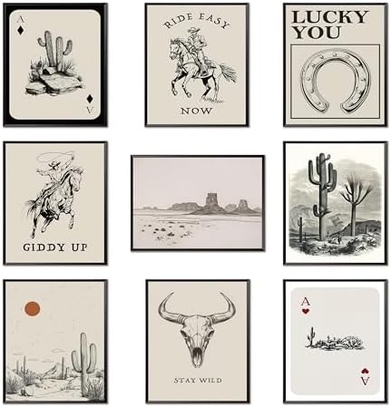 Western Cowboy Wall Art Set of 9, Vintage Cowboy Print Playing Card Canvas by Unknown