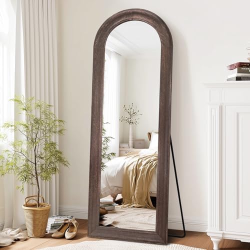 65x22 Solid Wood Arched Full Length Mirror, Elegant Brown Finish - Image 5
