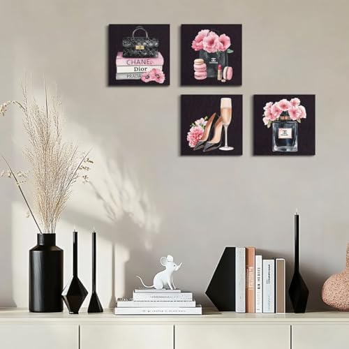 4 Pcs Fashion Canvas Wall Art, Framed Pink and Black Wall Decor 8 x 8 Inch - Image 5