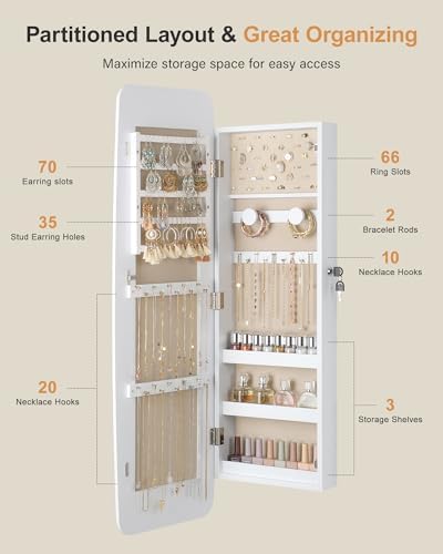 Nicetree Rounded Mirror Jewelry Cabinet, Wall Mounted, Moon White - Image 2