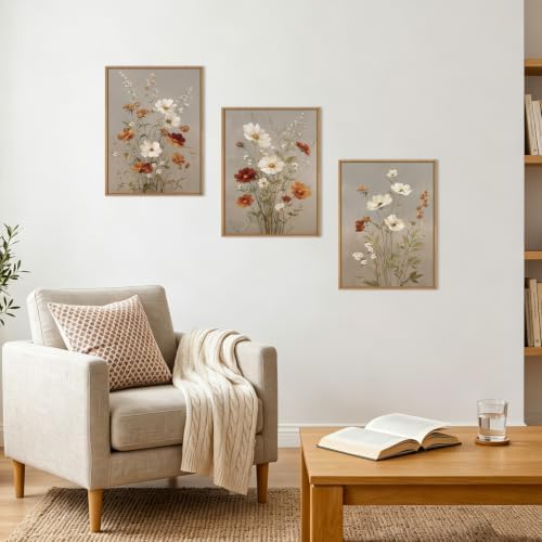 BINCUE Vintage Flower Wall Art Canvas Rustic Wildflower Artwork Neutral - Image 4