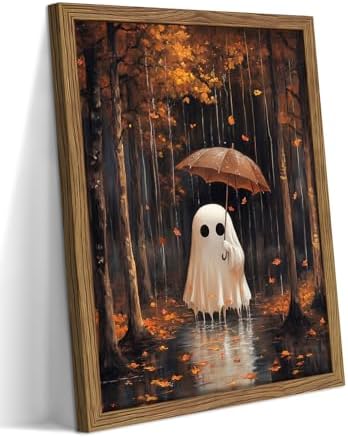Framed Vintage Halloween Ghost Canvas Wall Art, Cute Ghost Holding Umbrella by FSYSART