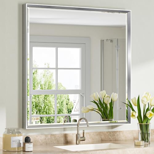 36x36’’ Beveled Silver Framed Square Bathroom Mirror by QUEENFUN