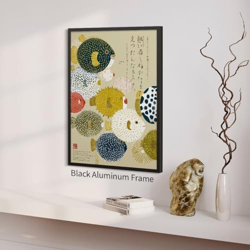 Black Framed Japanese Canvas Wall Art Vintage Puffer Fish Prints Posters - Image 6