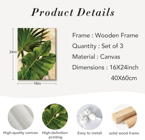 3 Pcs Palm Tree Leaf Canvas Wall Art Tropical Plants Wall Decor 16x24 Inch - Image 4