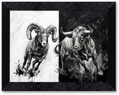 Framed Canvas Wall Art Mixed Media Charging Bull and Mountain Ram Monochrome by Unknown