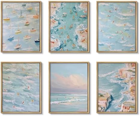 Coastal Beach Canvas Wall Art Set of 6, Abstract Ocean Sailing Boats and by Unknown