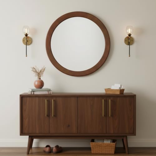 Round Mirrors 28 Inch, Wood Vanity Wall Rustic Mirror - Image 2