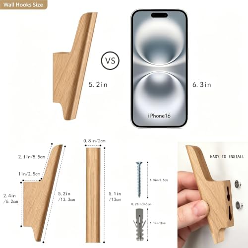 Wood Wall Hooks 4 Pack Coat Hooks Wall Mount, Towel Hooks - Image 3