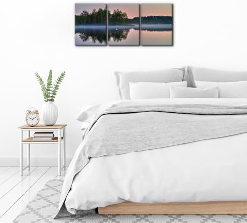 Pacimo 3 Pieces Canvas Wall Art Print Misty Lake Sunrise Wall Decor - Image 4