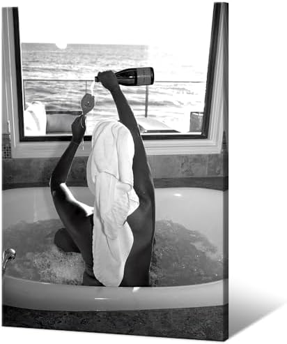 Trendy Black and White Posters Funny Woman Drinking Wine in Bathtub Wall Art by Acqooeakt