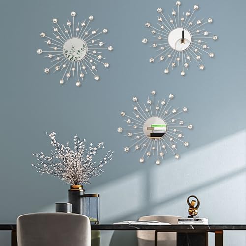 Uaussi 3 Pack Crystal Sunburst Wall Mirror Décor Rhinestone Mirrors Decorative by Uaussi