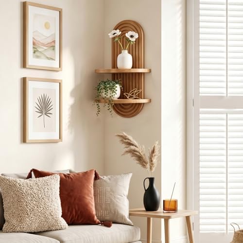 Boho Wall Decor Shelf, Mid Century Modern Plant Floating Shelves Oak - Image 2